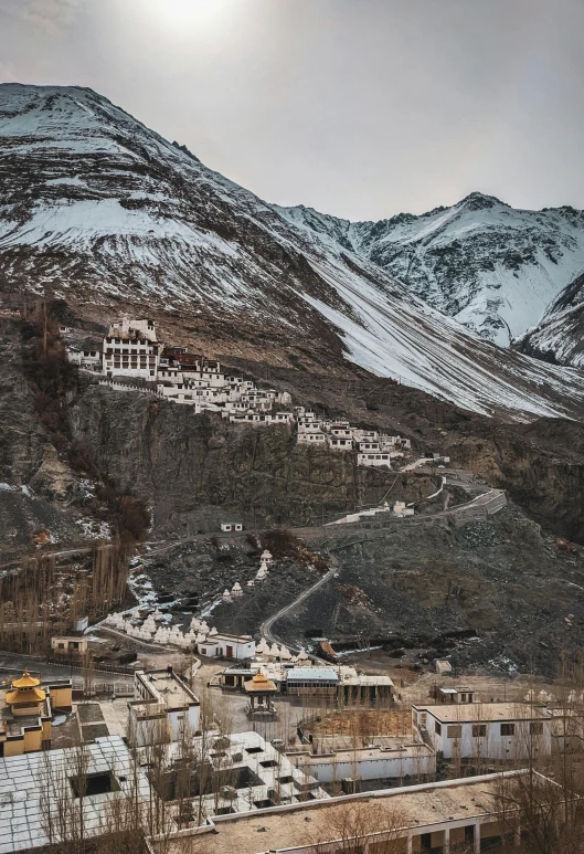 a snowy mountain with a bunch of houses