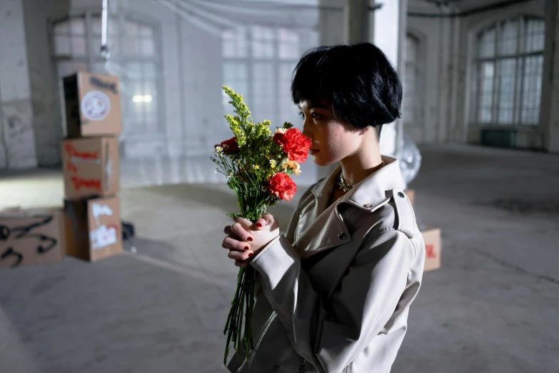 an asian woman holding flowers inside of a warehouse building