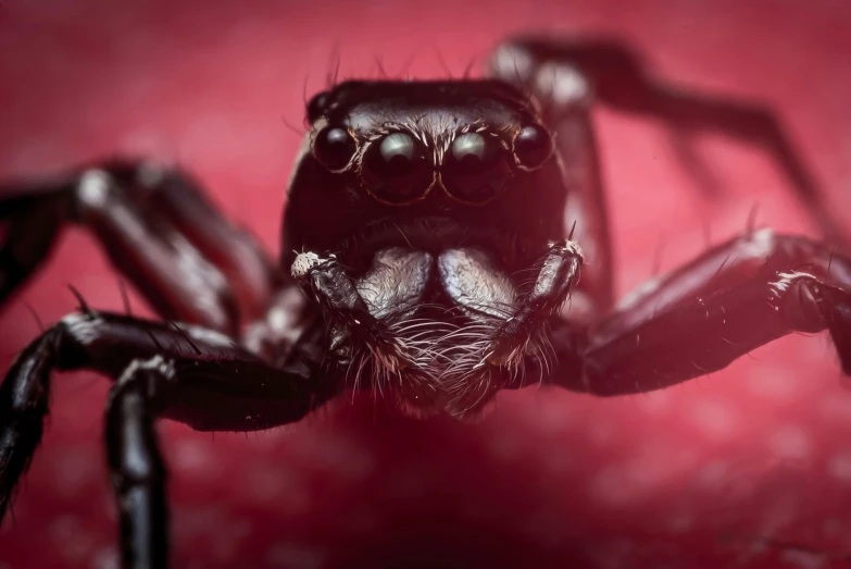 a very big black spider sitting on a red surface