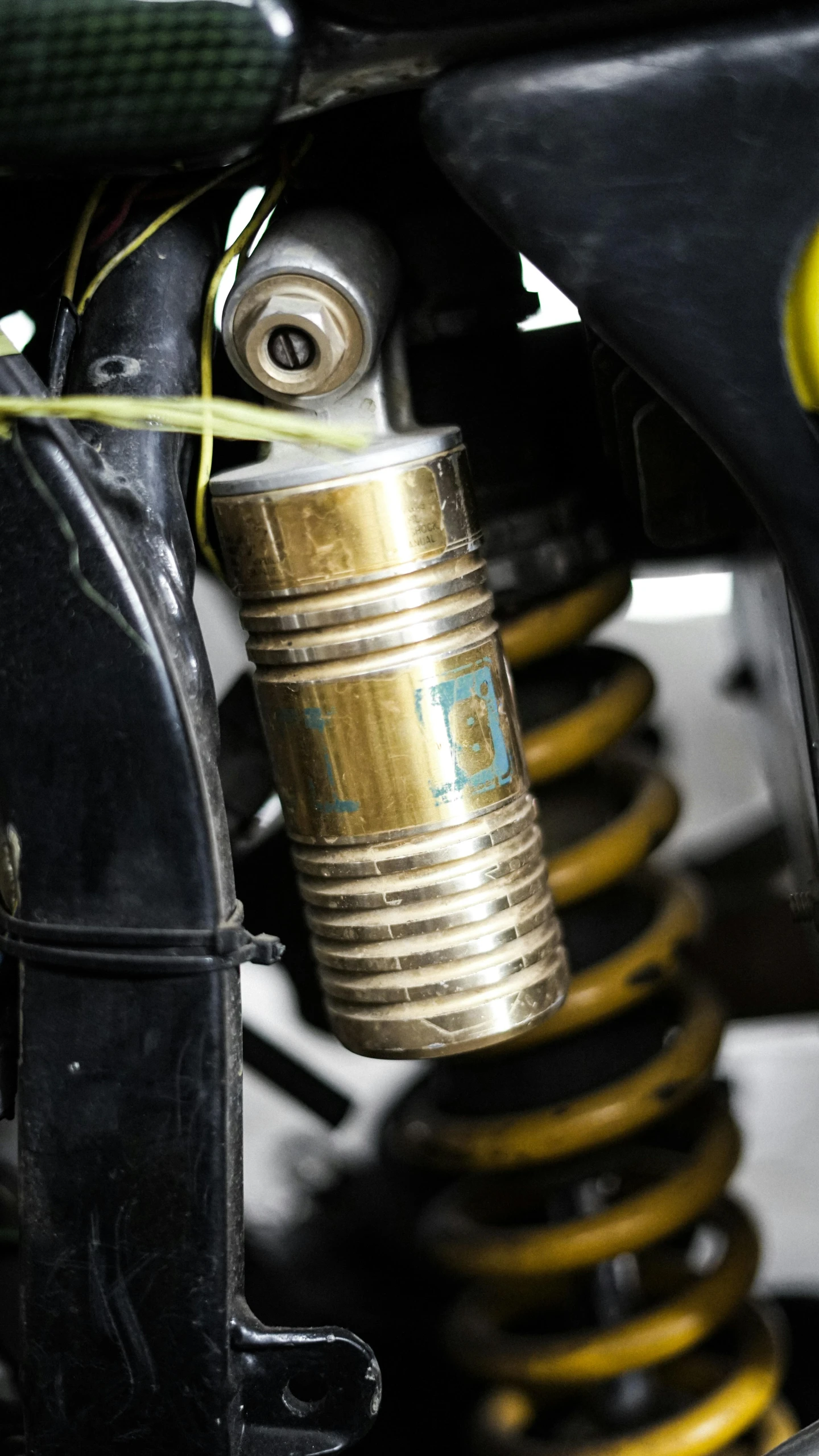 a motorcycle front end with a closeup view of the springs