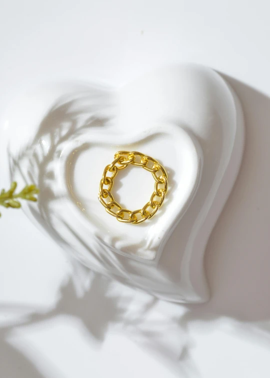 a heart shaped vase filled with a gold ring