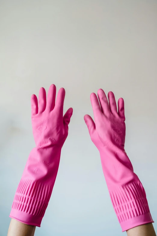 pink gloves are held up to the top