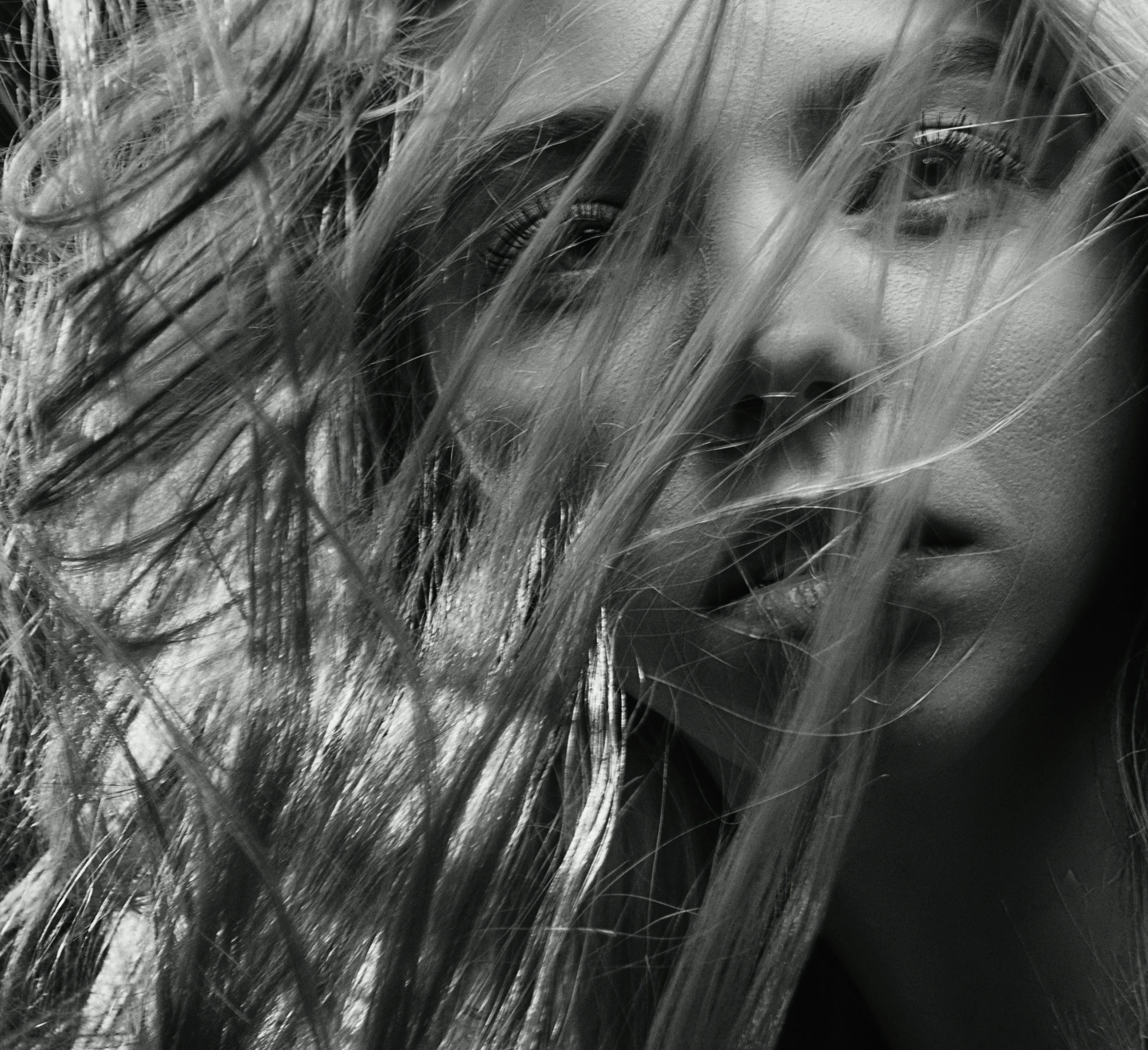 a woman covering her face with lots of hair