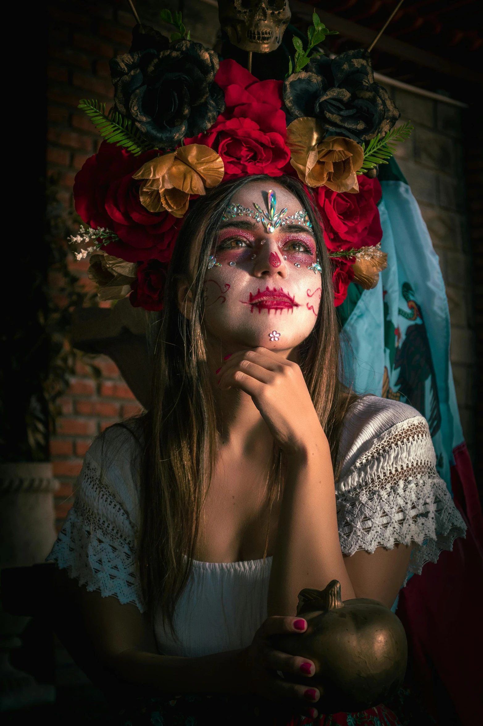 a woman with flowers in her hair and face