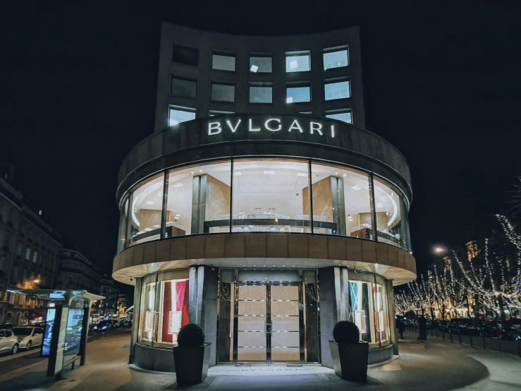 the entrance to bvlgari on a very beautiful night