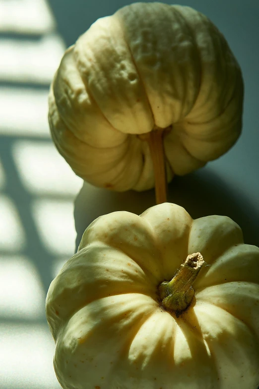 a whole squash sitting next to a half - eaten pumpkin