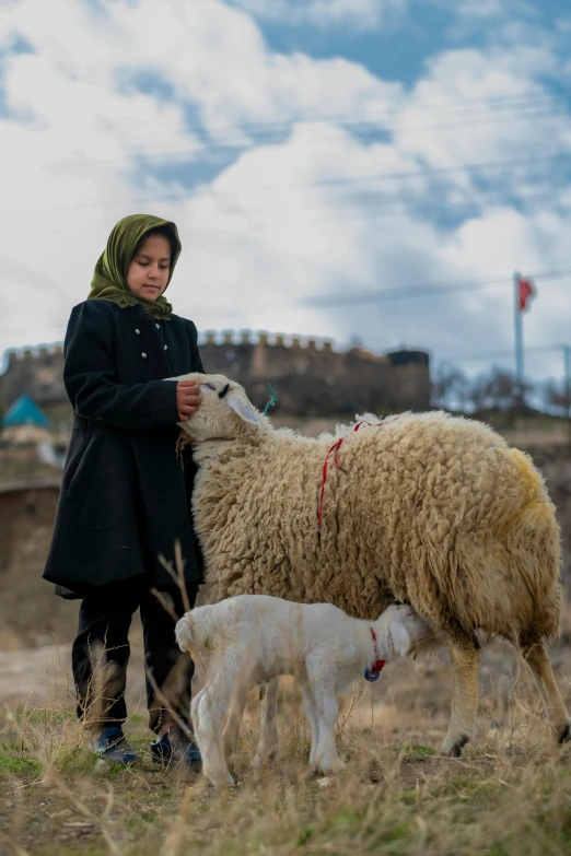 a woman holding onto the hair of a sheep as it gets milk from its mother