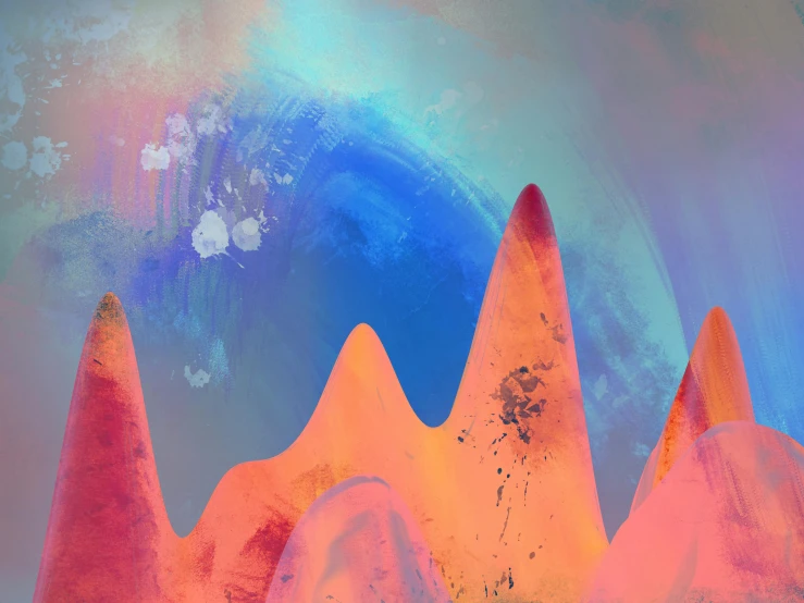 a painting depicting some mountains painted in colors