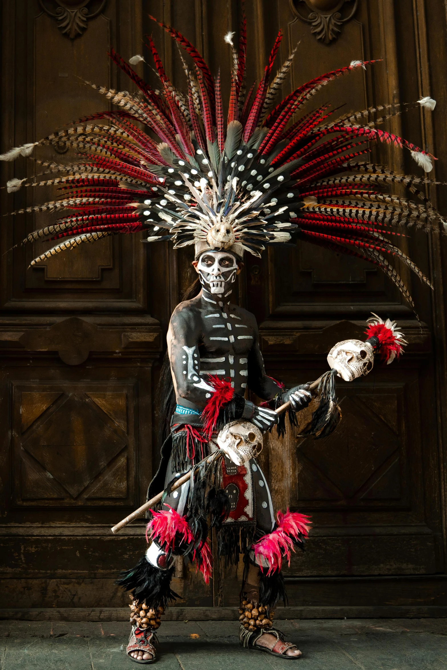 a large colorful bird dancer stands in front of a wooden door