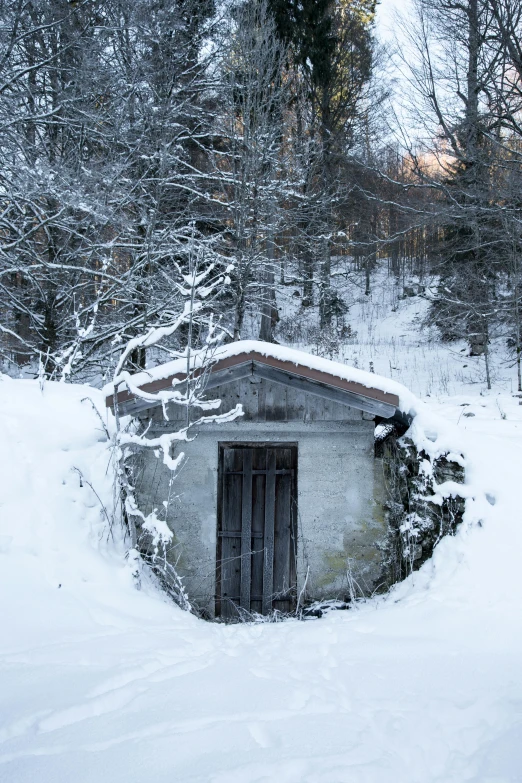 a small hut surrounded by some snow on the ground