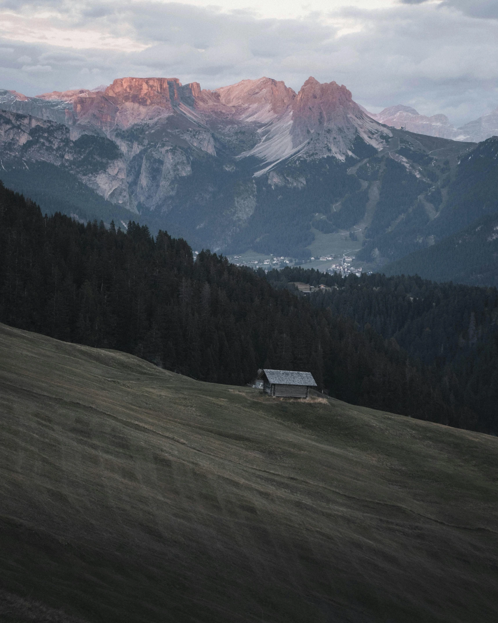 a grassy field surrounded by tall mountains