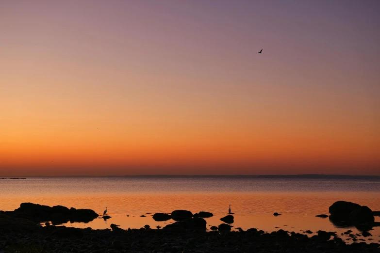 two people stand on a shore watching the sun set