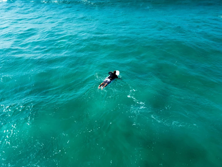 an overhead view of the ocean with a person in the water