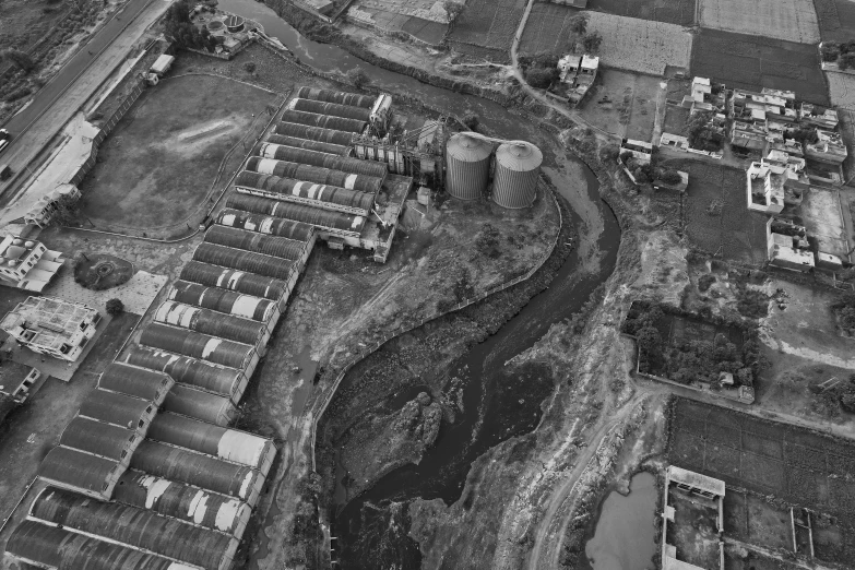 aerial po of an industrial land near the sea