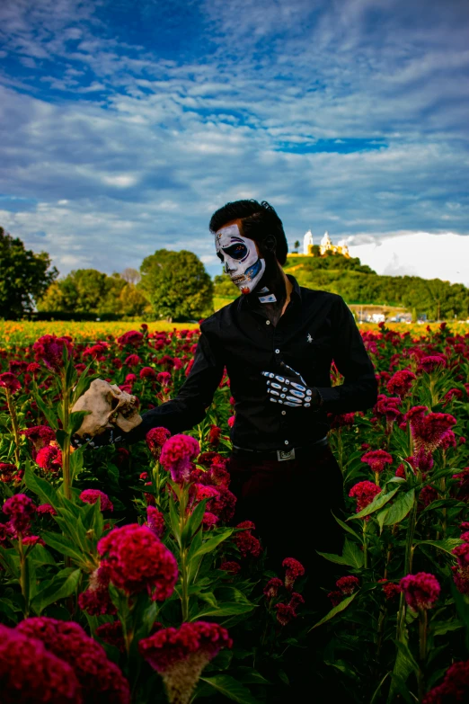 man with skeleton face paint standing in flower field