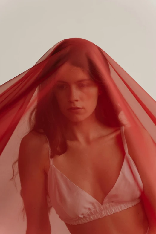 woman wearing white  with pink sheer fabric over her head