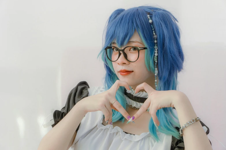 an asian woman with blue hair and glasses in a white dress