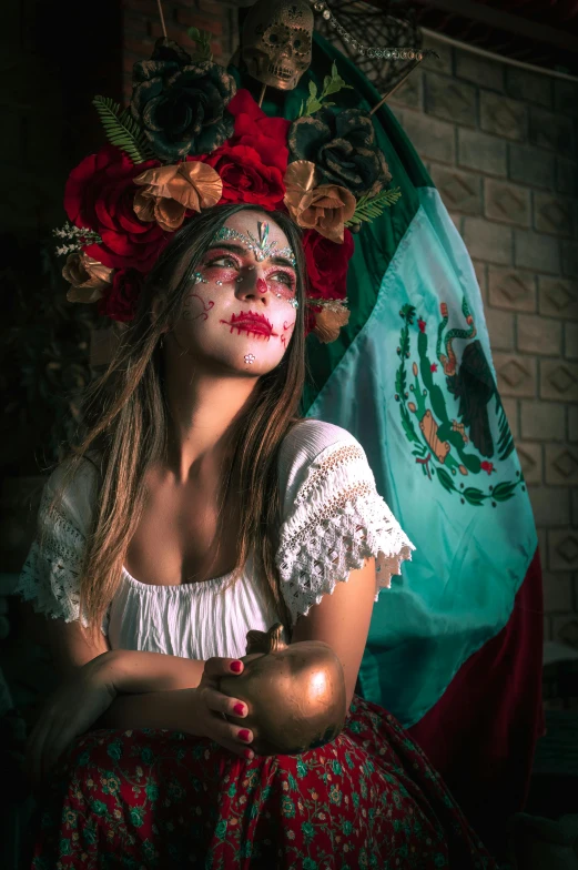 woman in traditional mexican outfit with red make up