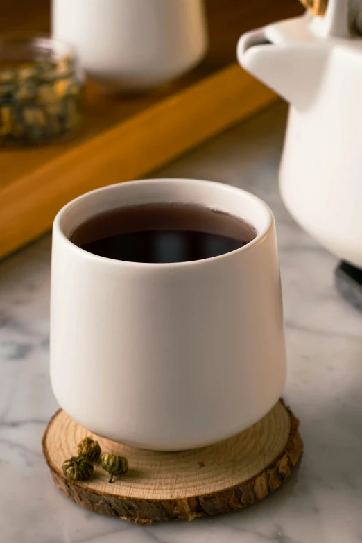 a cup of coffee sitting on a table next to a knife