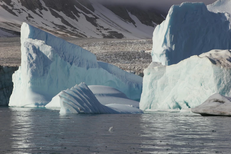 large ice formations float in a glacier lake