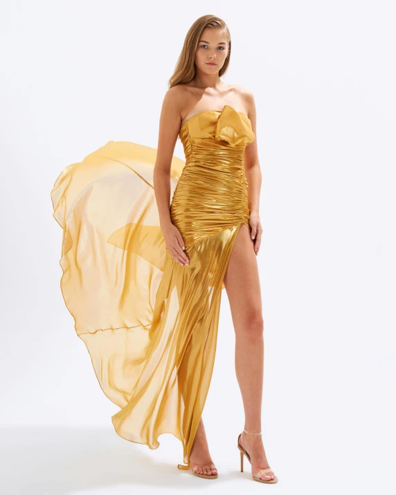 a woman wearing a gold dress poses for the camera