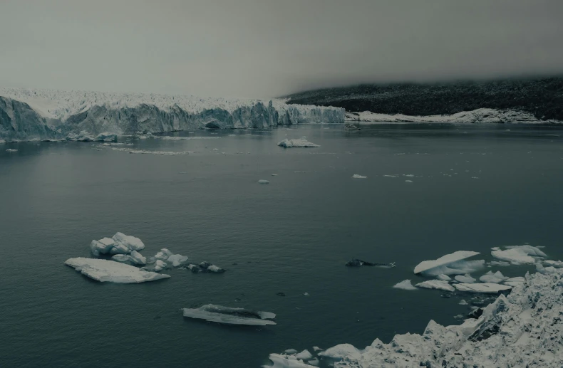 the view of a bunch of small icebergs out in the water