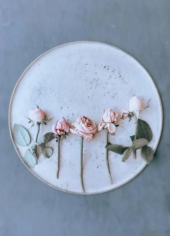 the white plate is decorated with different kinds of flowers