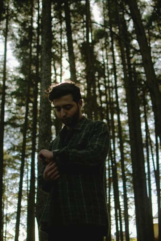 a man standing in the woods surrounded by tall trees