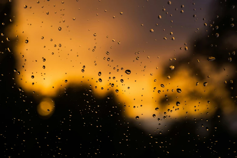 rain drops on window, at sunset with trees and clouds