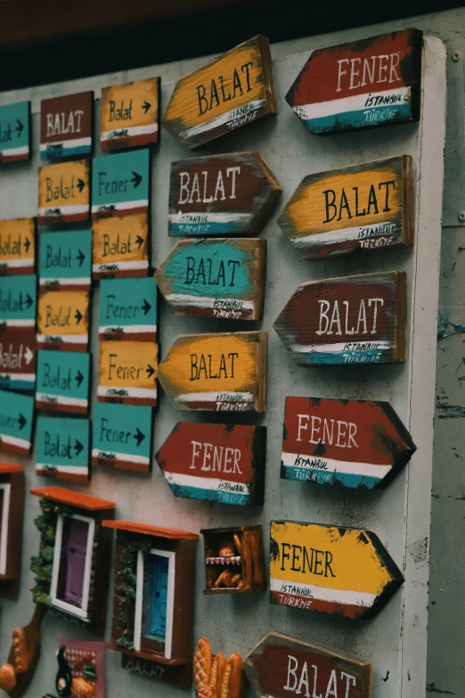 an assortment of wooden signs and hanging signs