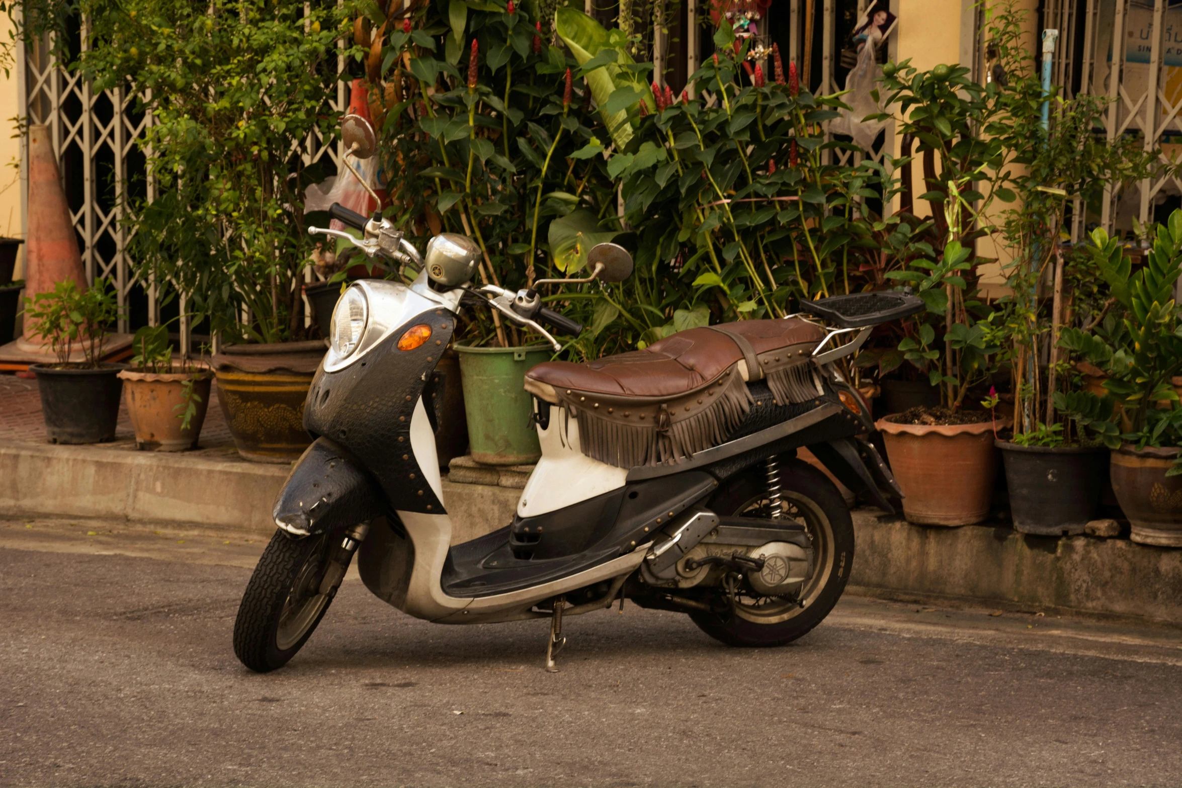 a moped parked on a city street next to potted plants