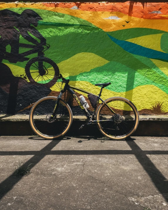 a bike is parked near a painting on the wall