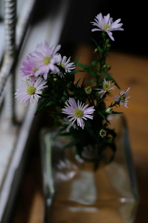 a clear glass jar filled with small flowers