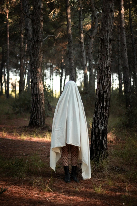 someone with a large white cloth covered with soing stands among the trees