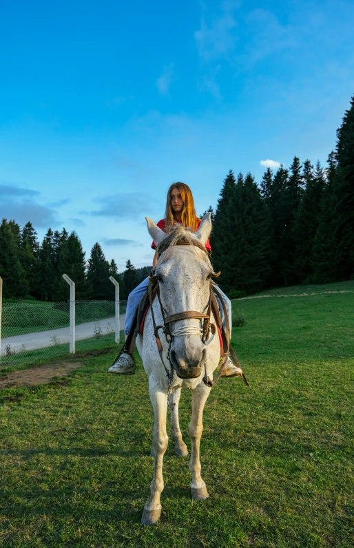 a girl is riding a white horse on grass