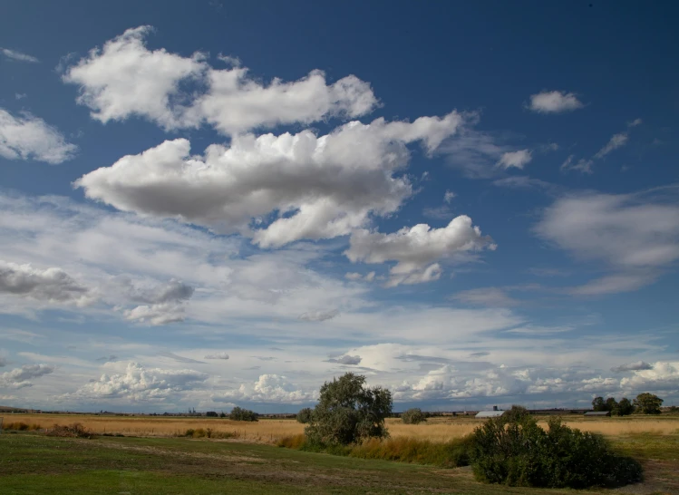 a blue and white sky with clouds above a field