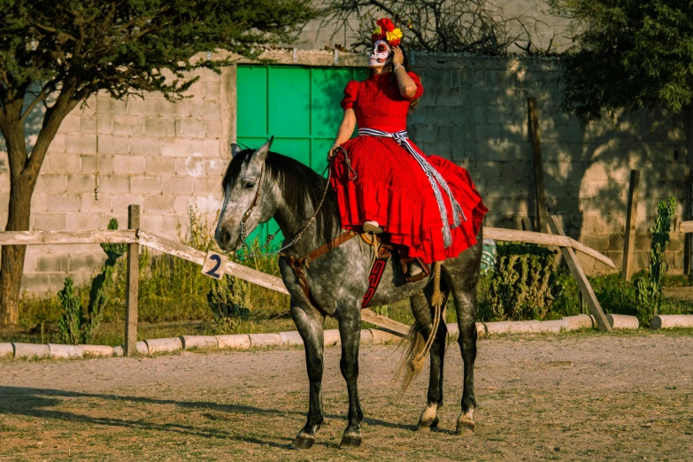 woman in red dress sitting on horse by wall