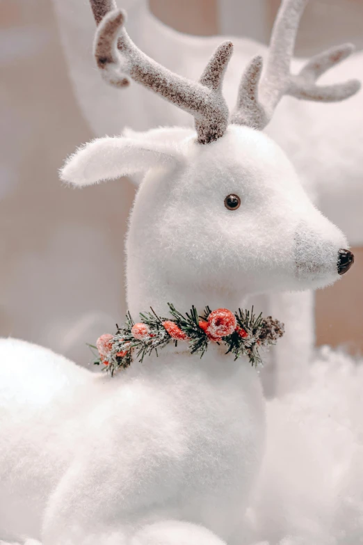 a small stuffed reindeer with a floral collar