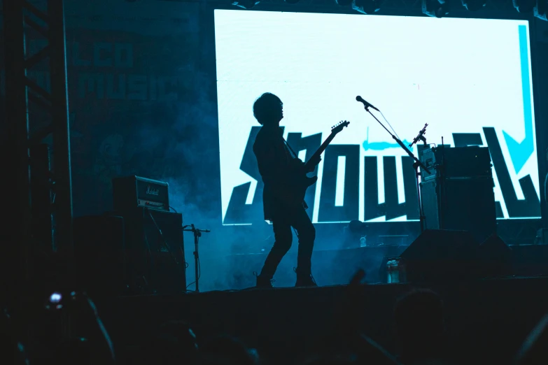 a musician in front of a projection on a stage