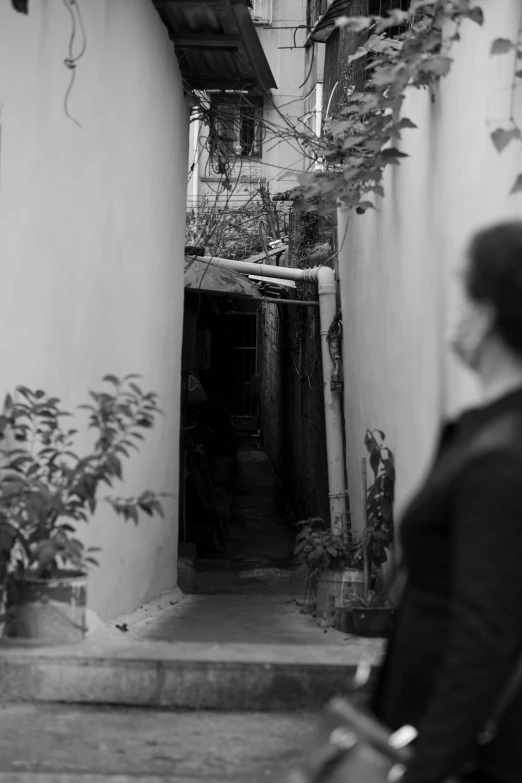 a person walking up an alley way with a suitcase