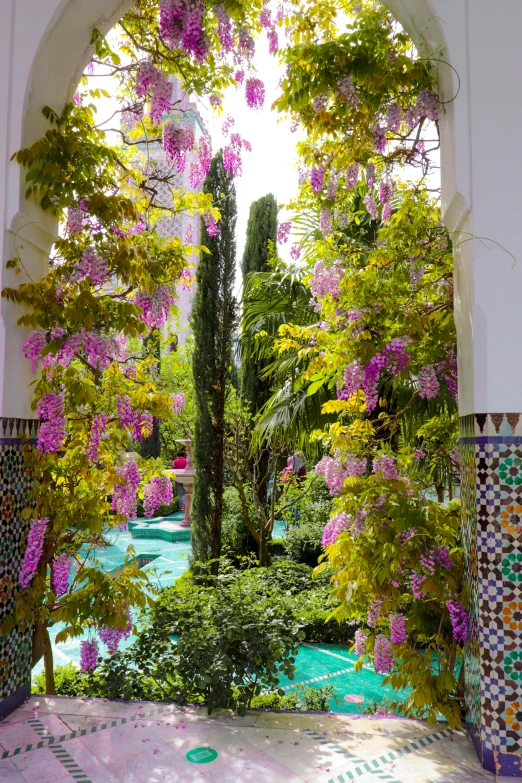 a garden entrance with lush vegetation and pink flowers