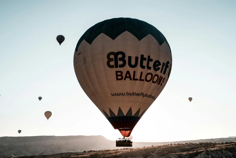 balloons flying through the air near rocks and a valley