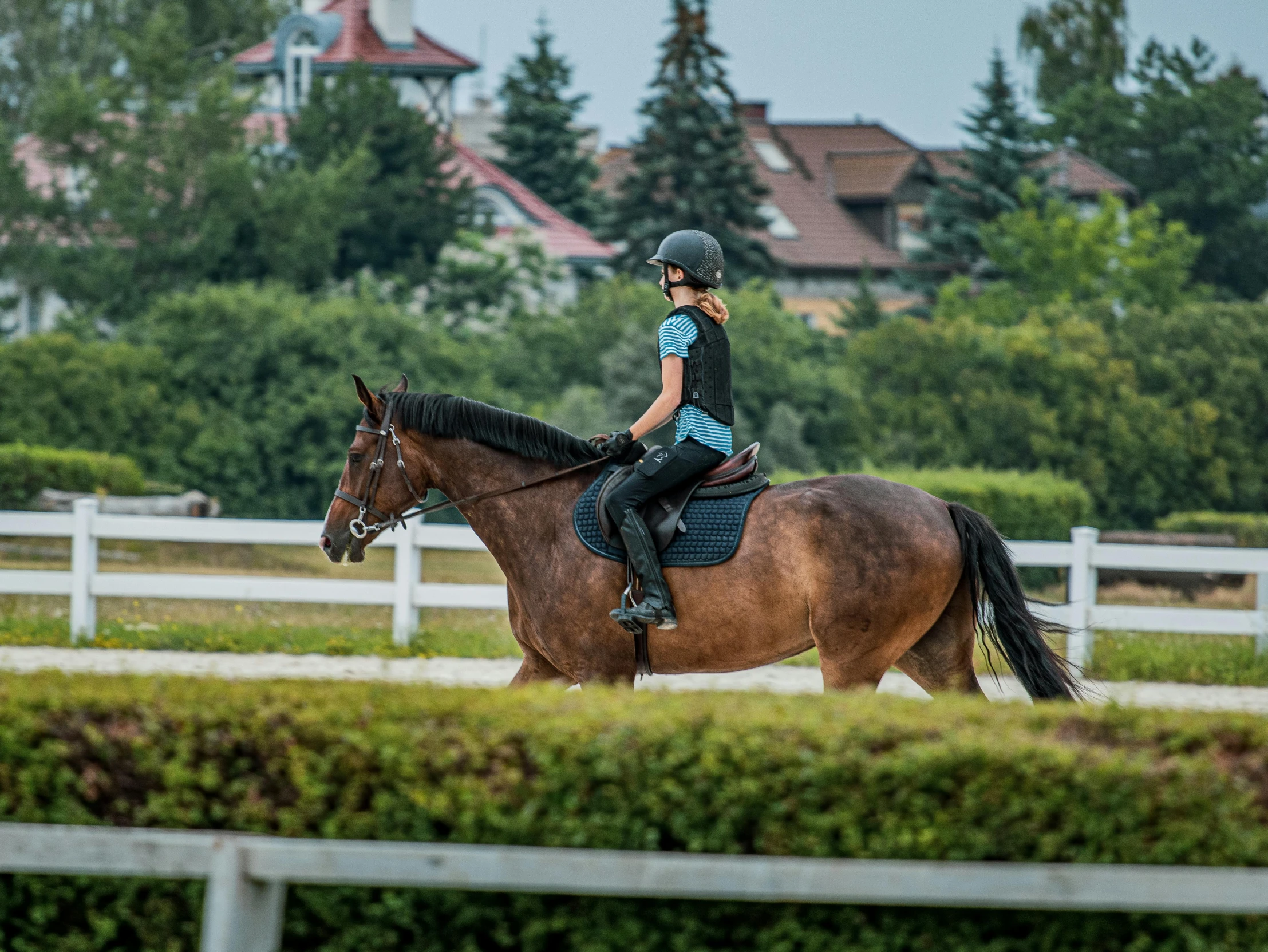 a woman riding a brown horse in a field