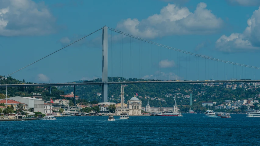 the city skyline from the water with a bridge crossing over it