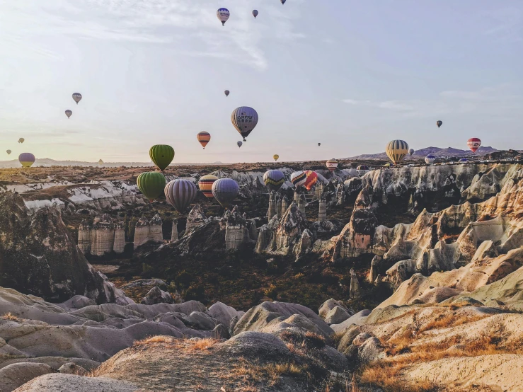 dozens of  air balloons are flying over a landscape