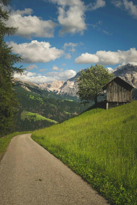 an old wooden house sitting on the side of a green hill