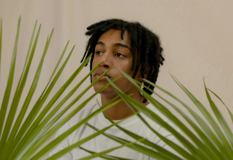 a young man sitting behind some green plants