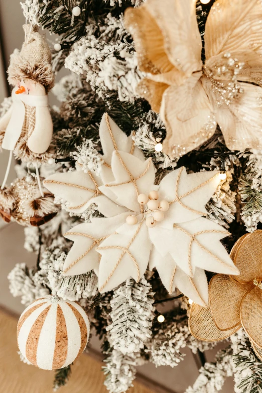 christmas ornaments are hanging from the tree in front of the fireplace