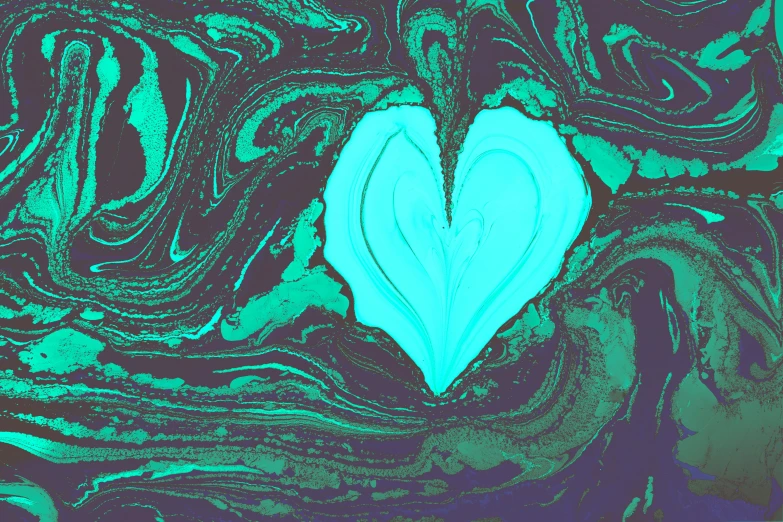 an artistic, bright green heart on red and blue background