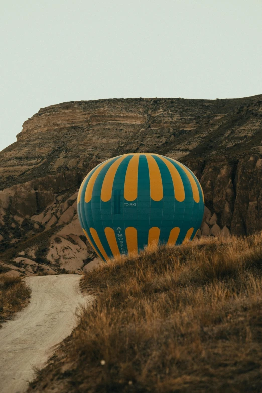 a large blue and yellow balloon sits near a path